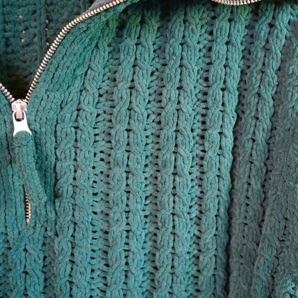 Aerie Cable Car Quarter Zip Sweater Green Chunky Knit Winter Cozy Warm Oversized - Picture 7 of 10